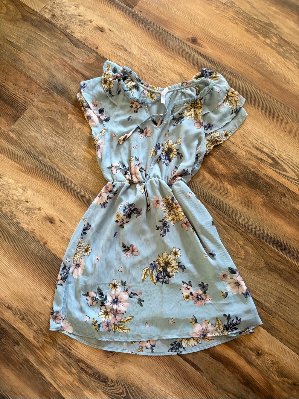 Xhilaration Blue Floral Tie-Neck Ruffle Mini Dress